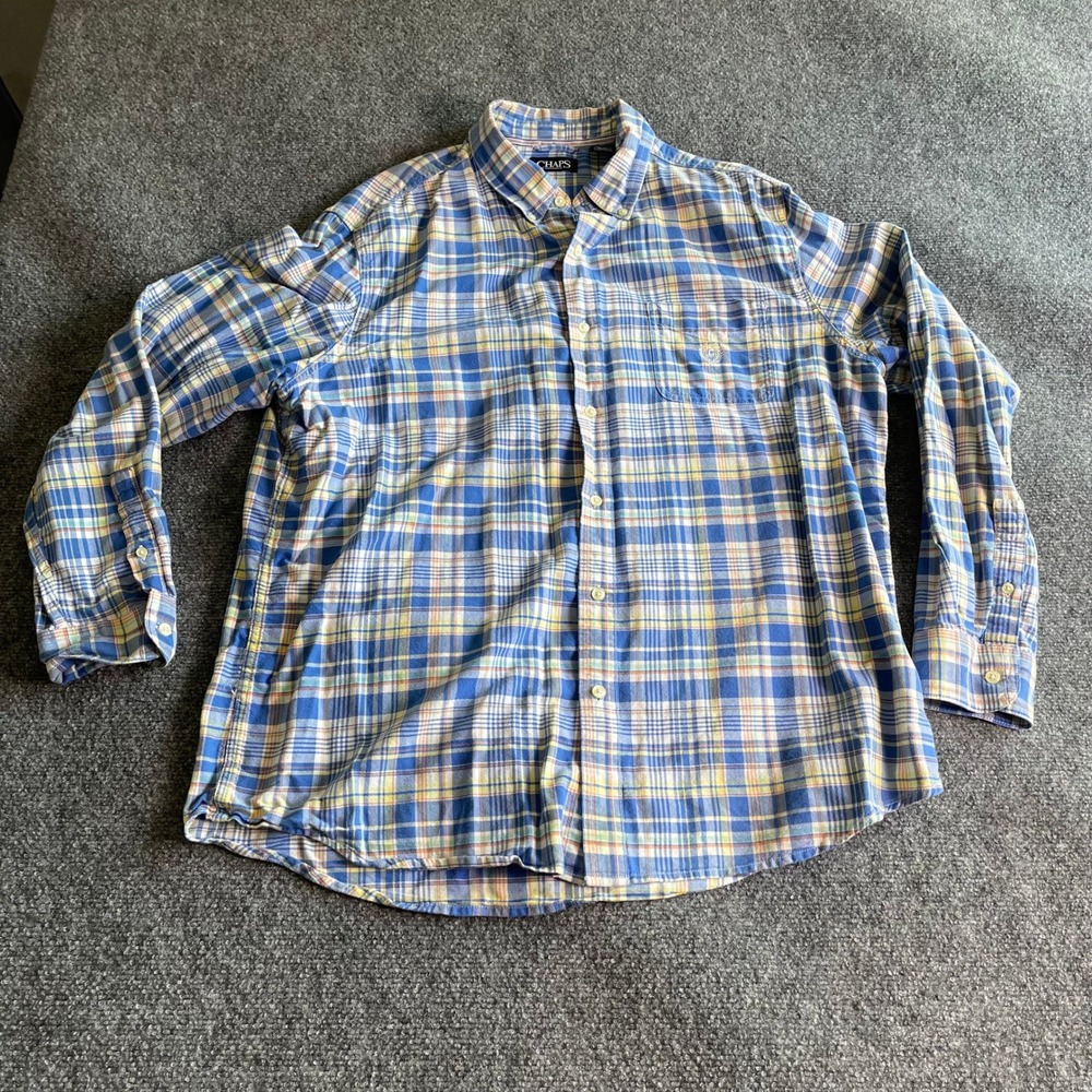 Chaps Mens XL Blue Yellow Plaid Long Sleeve Button Down Cotton Shirt Pocket